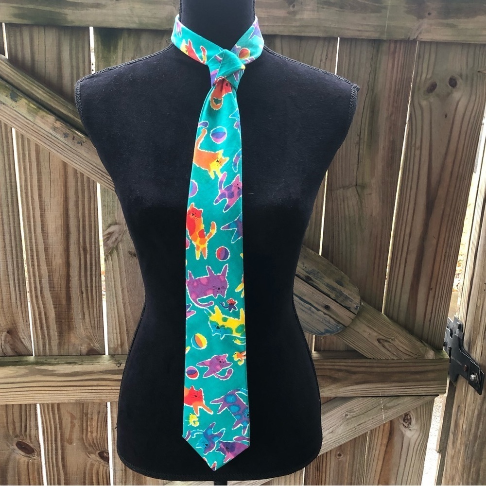 Vintage Lands End Hand Sewn Turquoise Cotton Colorful Kitty Cat Necktie